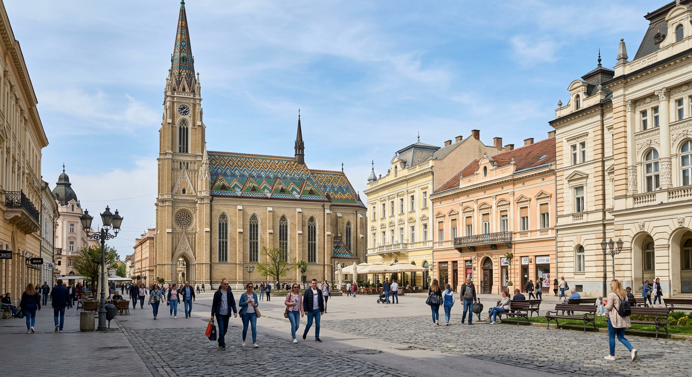 Liberty Square in Novi Sad with the City Hall and the Name of Mary Church