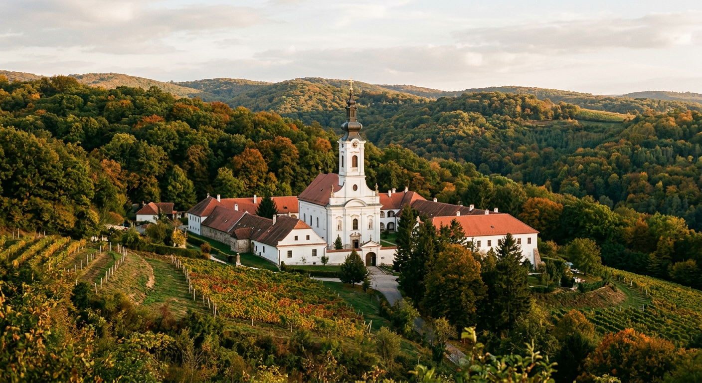 A Serbian Orthodox monastery surrounded by forest on Fruška Gora near Novi Sad