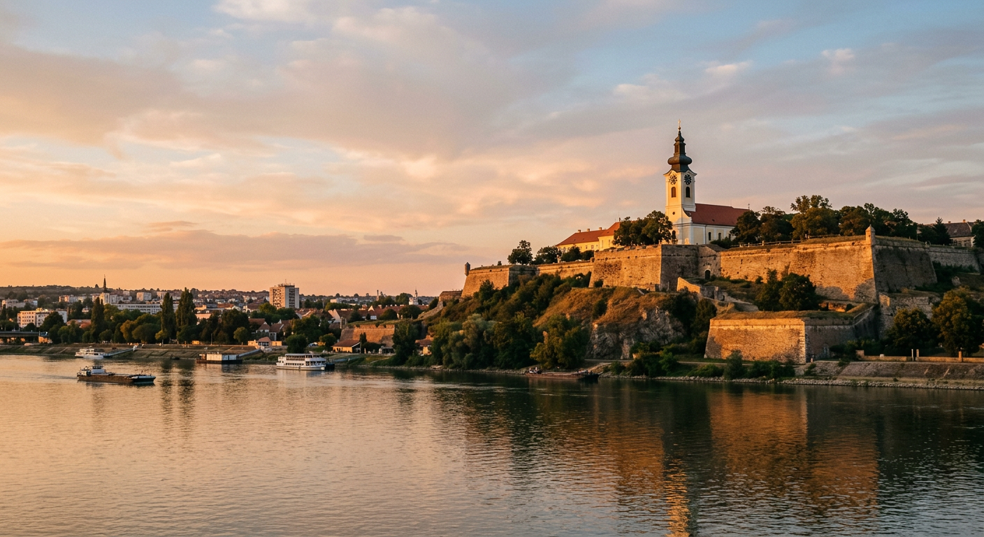 Petrovaradin Fortress walls and clock tower above the Danube in Novi Sad